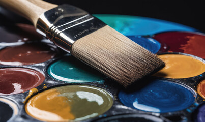 Obraz premium A paintbrush rests on a palette of watercolors, ready for the next creative endeavor