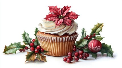 Christmas cupcake decorated with buttercream frosting and festive flowers, surrounded by holly leaves and berries, isolated on a white background