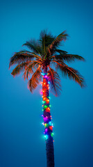 Tropical palm tree decorated with vibrant holiday lights against a blue sky