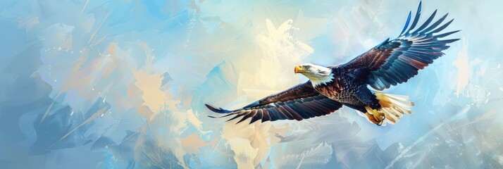 Obraz premium Majestic bald eagle soaring over a snowy landscape at sunrise, symbolizing freedom and strength. Free copy space for banner.