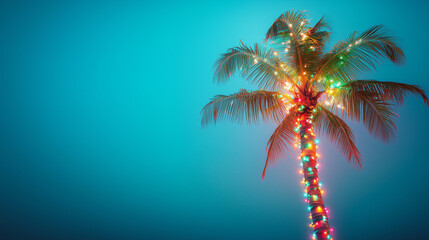 Majestic palm tree adorned with festive lights under a clear sky