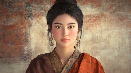 Fototapeta premium Portrait of a young Bhutanese woman wearing traditional attire with a calm expression and subtle background
