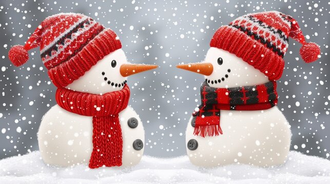 Two cheerful snowmen with carrot noses, coal eyes, and big smiles hugging in a snowy wonderland. Snowflakes gently fall, creating a serene winter scene of friendship and love.