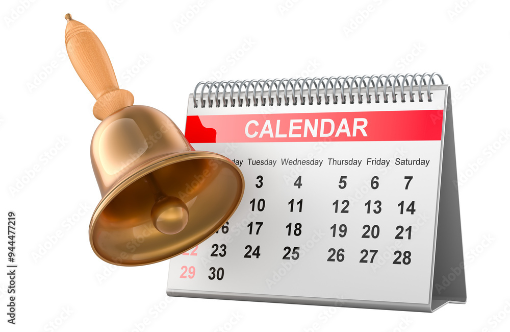 Poster desk calendar with hand bell. back to school, concept. 3d rendering isolated on transparent backgrou