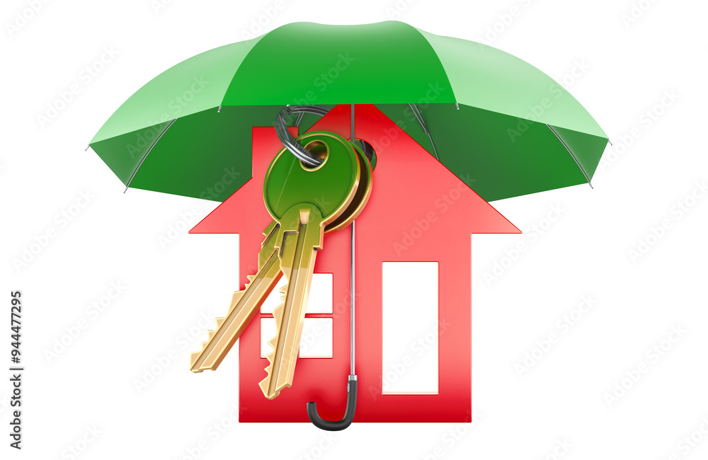 Poster home key with keychain under umbrella, 3d rendering isolated on transparent background