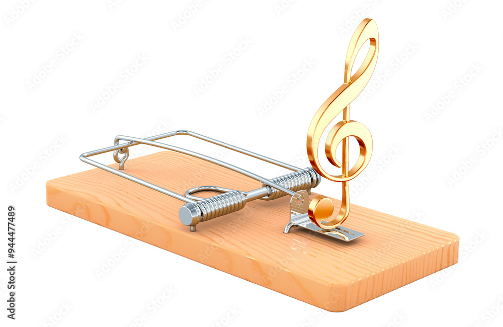 Poster treble clef, music note inside mousetrap, 3d rendering isolated on transparent background