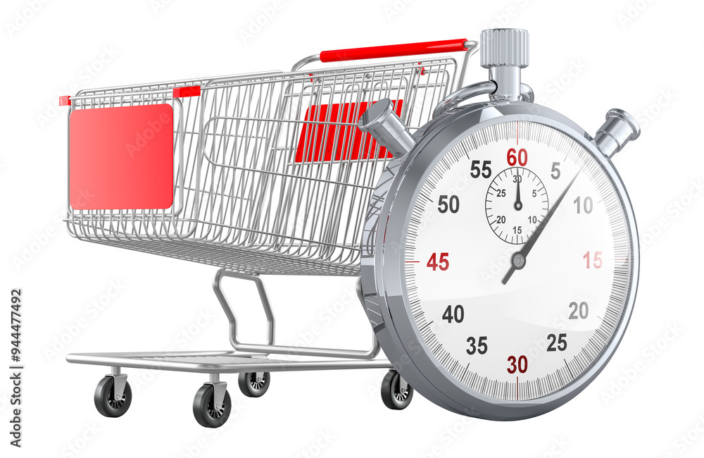 Poster shopping cart with stopwatch, 3d rendering isolated on transparent background