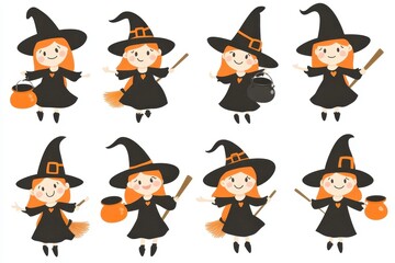 Cheerful cartoon witches with orange hair and hats engaging in magical activities during Halloween