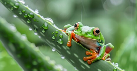 Obraz premium A small tree frog sits on the edge of an aloe leaf in the rain.