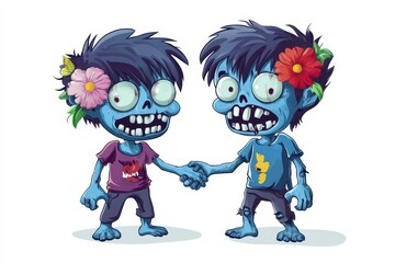 Fototapeta premium Two playful cartoon zombies with flowers sharing a friendly handshake in a vibrant art style