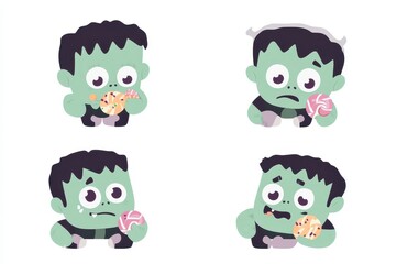 Cartoon character enjoying various sweets in a playful setting with candy and donuts