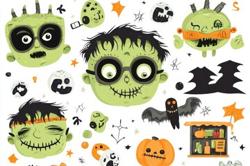 Colorful Halloween-themed illustrations featuring playful monsters, pumpkins, and spooky elements on a white background