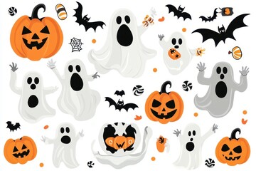 Colorful Halloween decorations featuring ghosts, pumpkins, and bats in a festive arrangement