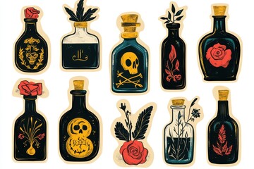 Artistic display of illustrated potion bottles featuring floral designs and skull motifs on a white background
