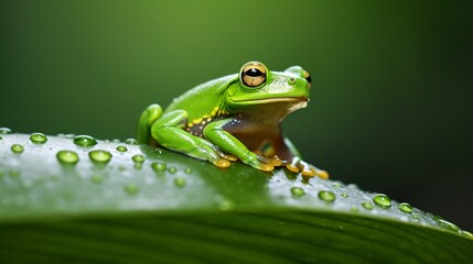 Fototapeta premium A small tree frog sits on the edge of an aloe leaf in the rain, holding a green leaf above itsphotography, green background, rainy day, raindrops, rainwater drops, rainforest environment, rain and fog