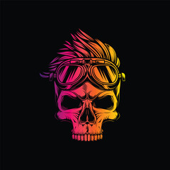 Hipster skull with motorcycle glasses and trendy hairstyle. Original vector illustration in vintage style isolated on black background. T-shirt design.