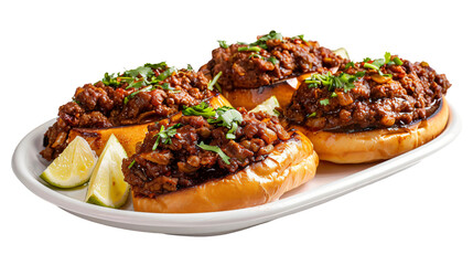 Tantalizing indian-style sloppy joes served on a white plate with fresh lime wedges, isolated on a transparent background for versatile use