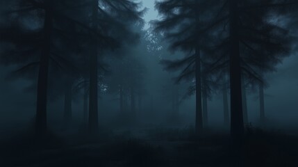 Enigmatic misty forest with towering trees shrouded in fog during early morning hours