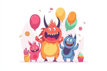 Obraz premium Colorful cartoon monsters celebrating a joyful event with balloons and treats in a festive atmosphere
