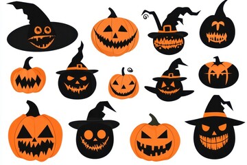 A collection of Halloween pumpkins and witch hats in various playful designs and expressions