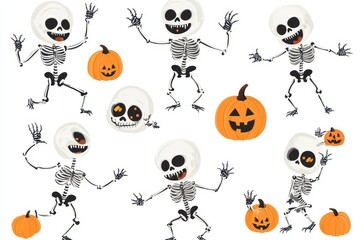 Fototapeta premium Playful skeletons dancing with pumpkins in a festive Halloween-themed illustration
