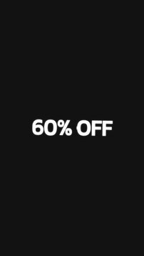 Words "60% off" fill the background, animated with circular mask and zoom effect.