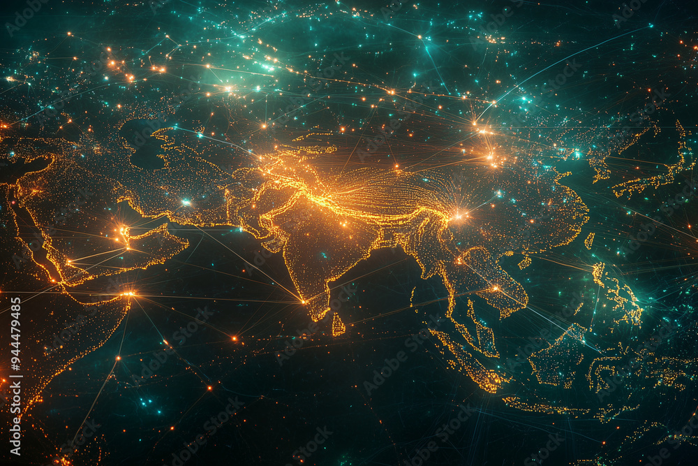 Poster global network: a mesmerizing abstract map of asia with glowing lines connecting major cities, repre