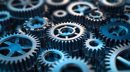 Close-up of interlocked blue metal gears representing teamwork and machinery.