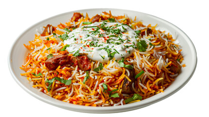 Delicious indian biryani topped with fragrant herbs and accompanied by creamy raita, presented on a clear background for versatile use in different projects