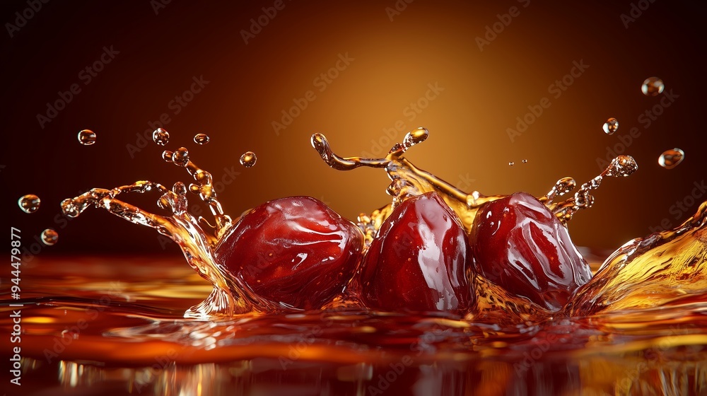 Poster three red cherries splash into brown liquid, creating dynamic water droplets in a vibrant setting