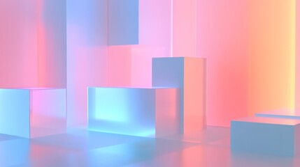 A room with a lot of cubes and a pinkish purple background