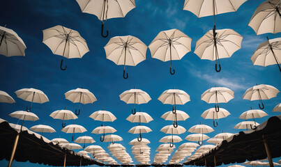 Obraz premium White umbrellas hang suspended against a bright blue sky, creating a unique and whimsical display