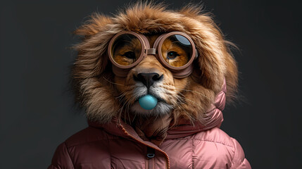 Fototapeta premium Wearing a pink jacket and goggles, with a blue bubble in mouth