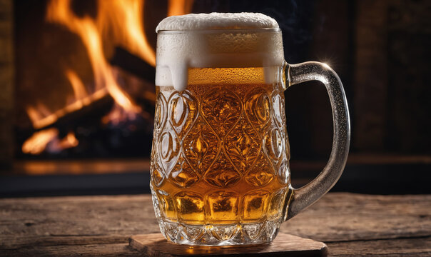 A frosty mug of beer sits on a wooden table in front of a roaring fireplace
