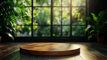 A serene view of a wooden display platform with lush greenery and soft sunlight filtering through large windows.