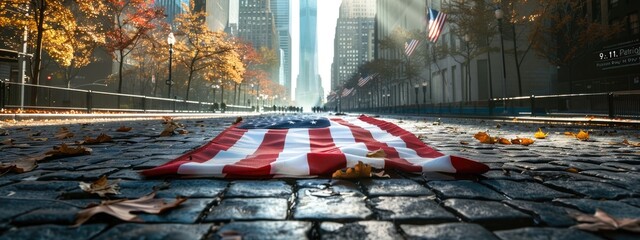 Commemorative visuals: text 9.11. patriot day, dedicated to honoring lives affected, bravery shown, unwavering spirit of unity and hope, background, wallpaper, banner, copy space, design.