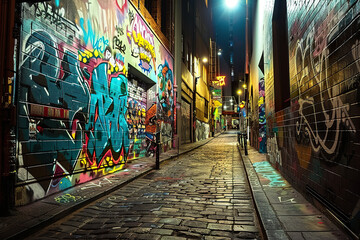 Fototapeta premium A graffiti covered alleyway with a street light shining on it.