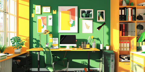 A bustling home office, its vibrant greens and yellows reflecting the energy of self-employment and flexibility, while abstract art adds an element of whimsy.