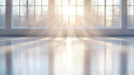 A serene sunrise filtering through large windows, casting soft rays and reflections on a polished floor, creating a tranquil atmosphere.