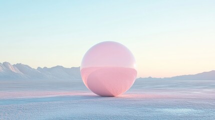 A large pink sphere is sitting on a snowy, barren landscape