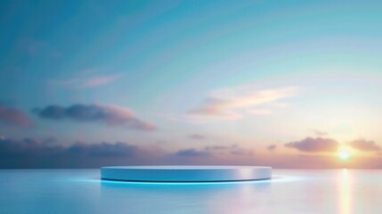 A serene platform illuminated by gentle blue light, set against a breathtaking sunset and calm sky, perfect for showcasing products.