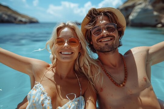 Happy young couple on vacation. A man and a woman laugh and have fun together. Beautiful young woman with flying hair. Against the backdrop of a turquoise sea or ocean.