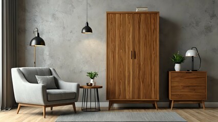 Modern living room interior design with a grey armchair, wooden cabinet, rug and lamps.