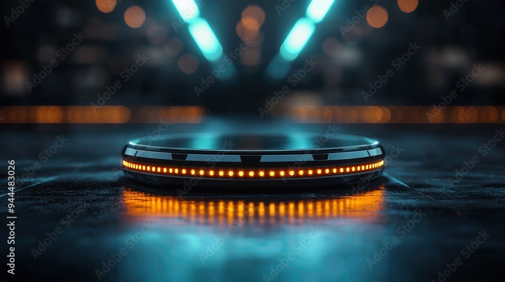 Wall mural futuristic platform with glowing orange lights, set in a high-tech environment, creating a striking 