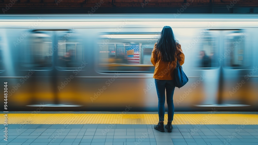 Wall mural a young woman stands at a subway platform as a train glides past, creating a dynamic scene with colo