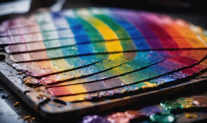 Obraz premium A close-up of a rainbow-colored paint palette with dried paint streaks