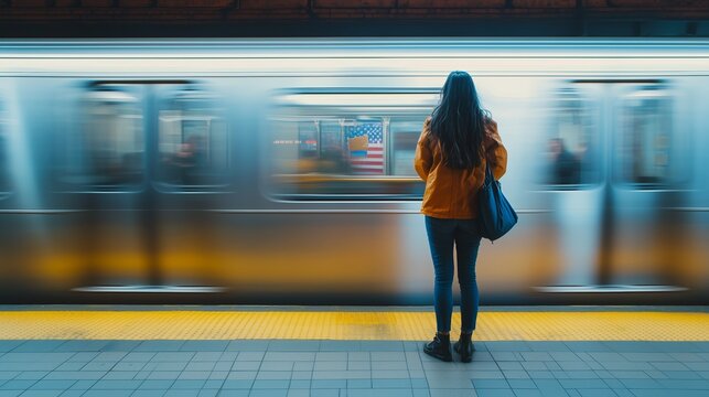 A young woman stands at a subway platform as a train glides past, creating a dynamic scene with colorful reflections and motion
