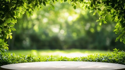 A serene nature scene with a green background and a blank table, perfect for presentations or product displays.