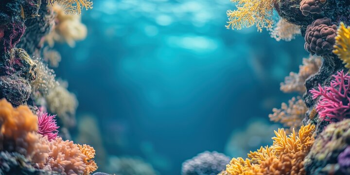 Underwater ocean background framed by colorful coral