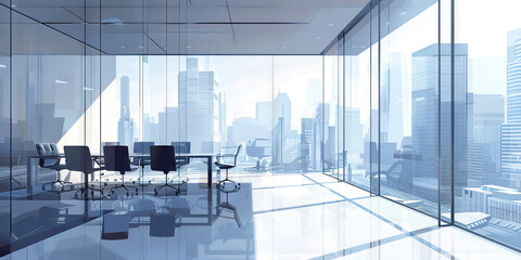 A minimalist office setting with a glass-walled conference room overlooking a bustling cityscape.
